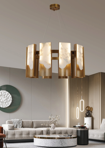 Alabaster silindir başlıklı Noya avizesi, çağdaş bir oturma odasında